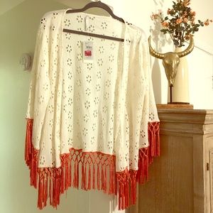 SOLD Boho kimono cardigan white orang/red fringe